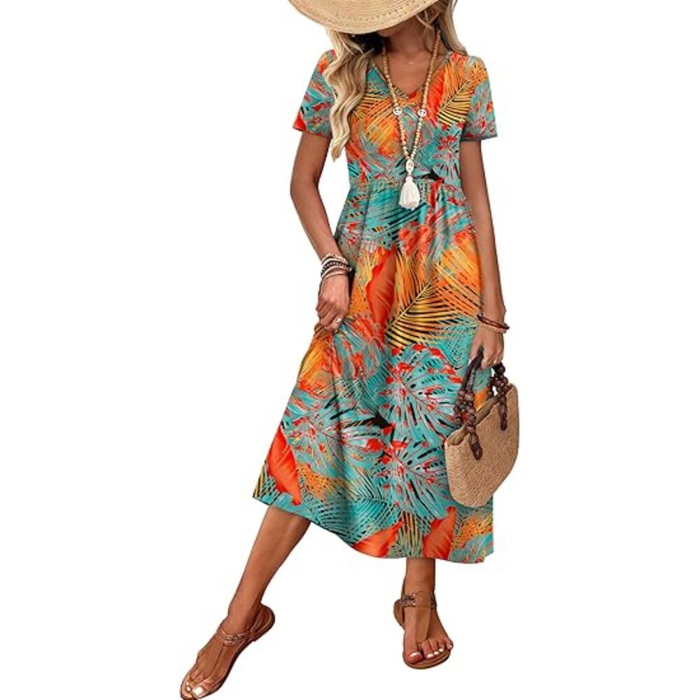 Women Tropical Sunset Blend V-Neck A Line Short Sleeve Flowy Dress Boho Sundress